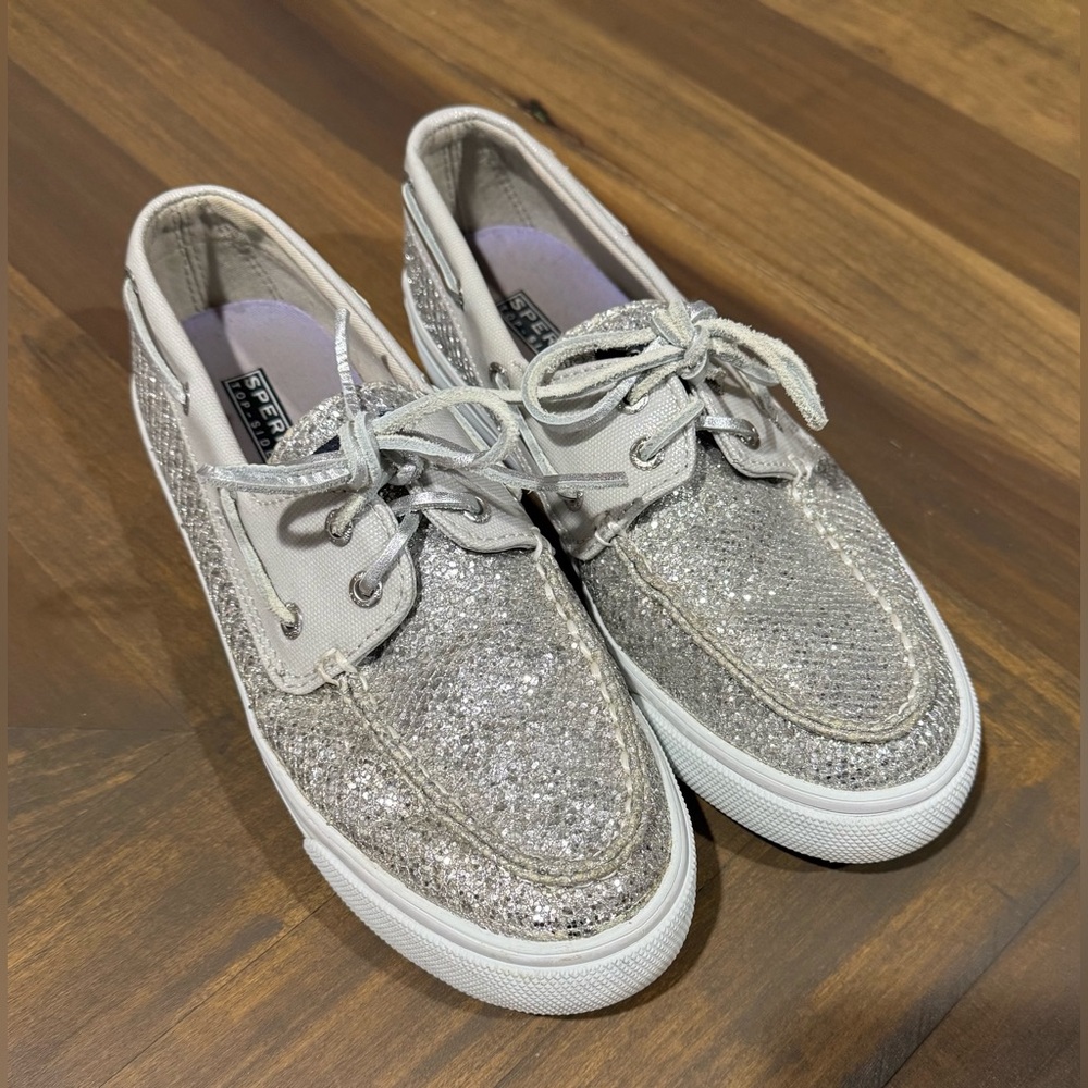 Sperry Top-Sider Bahama Silver Glitter Boat Shoes Loafers Women's Size 7 M